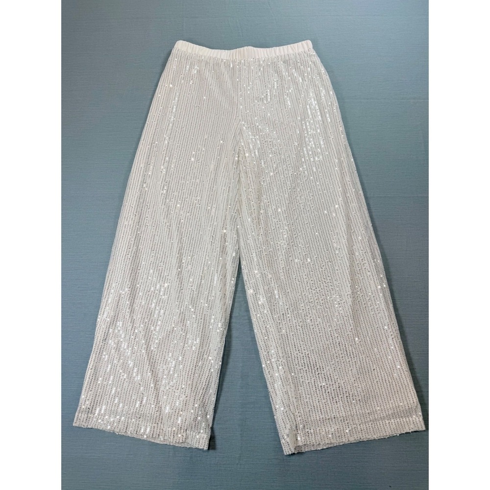 White Sequin Wide Leg Pants Womens Large High Waist Sparkly Party Disco Trousers